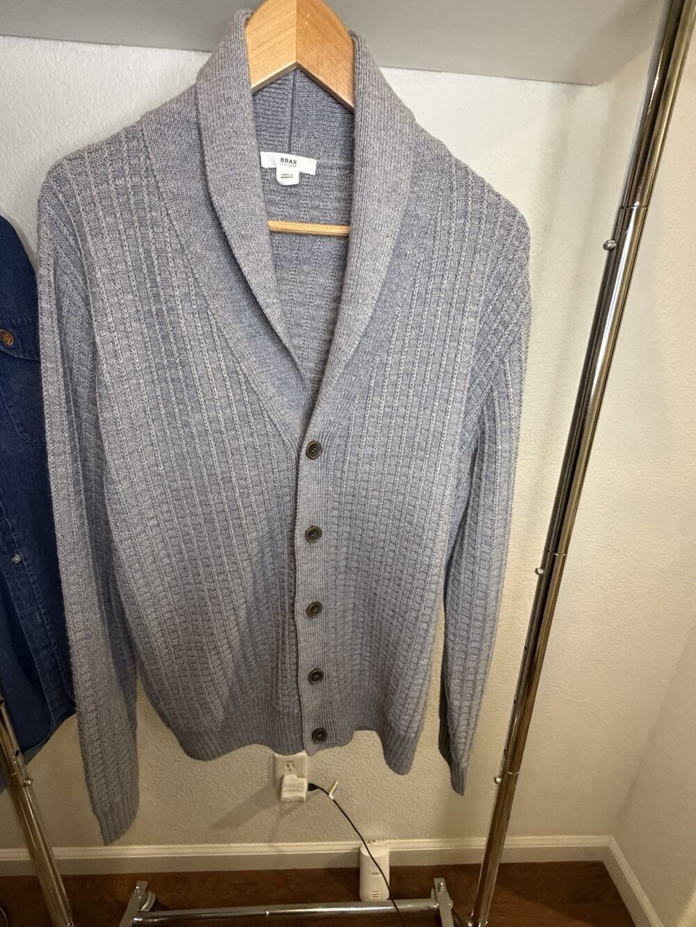 BRAX James Men’s L Gray Shawl Collar Cable Knit Button Cardigan Sweater
